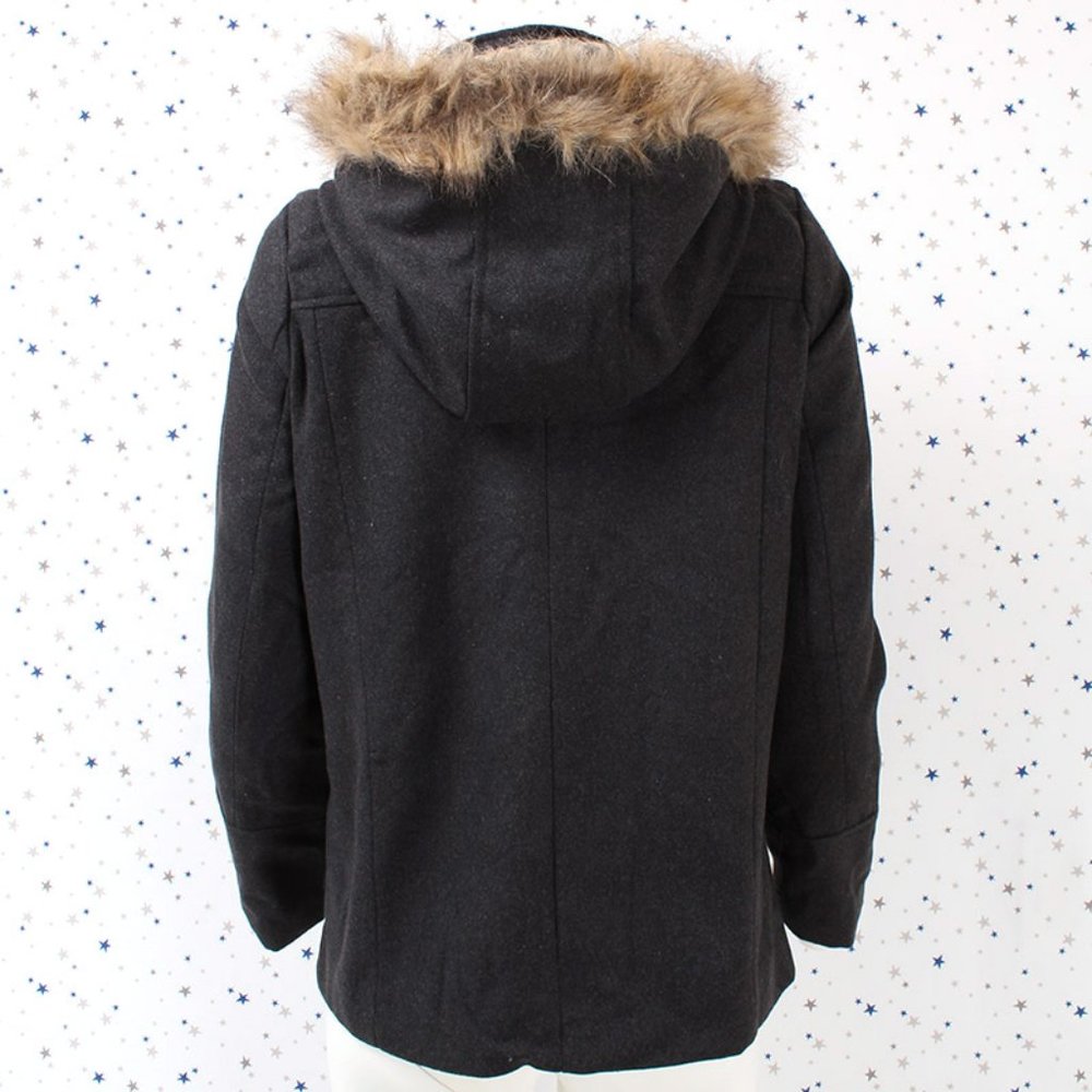 Charcoal Faux Fur Hooded Wool Blend Coat Jacket - Picture 7 of 9